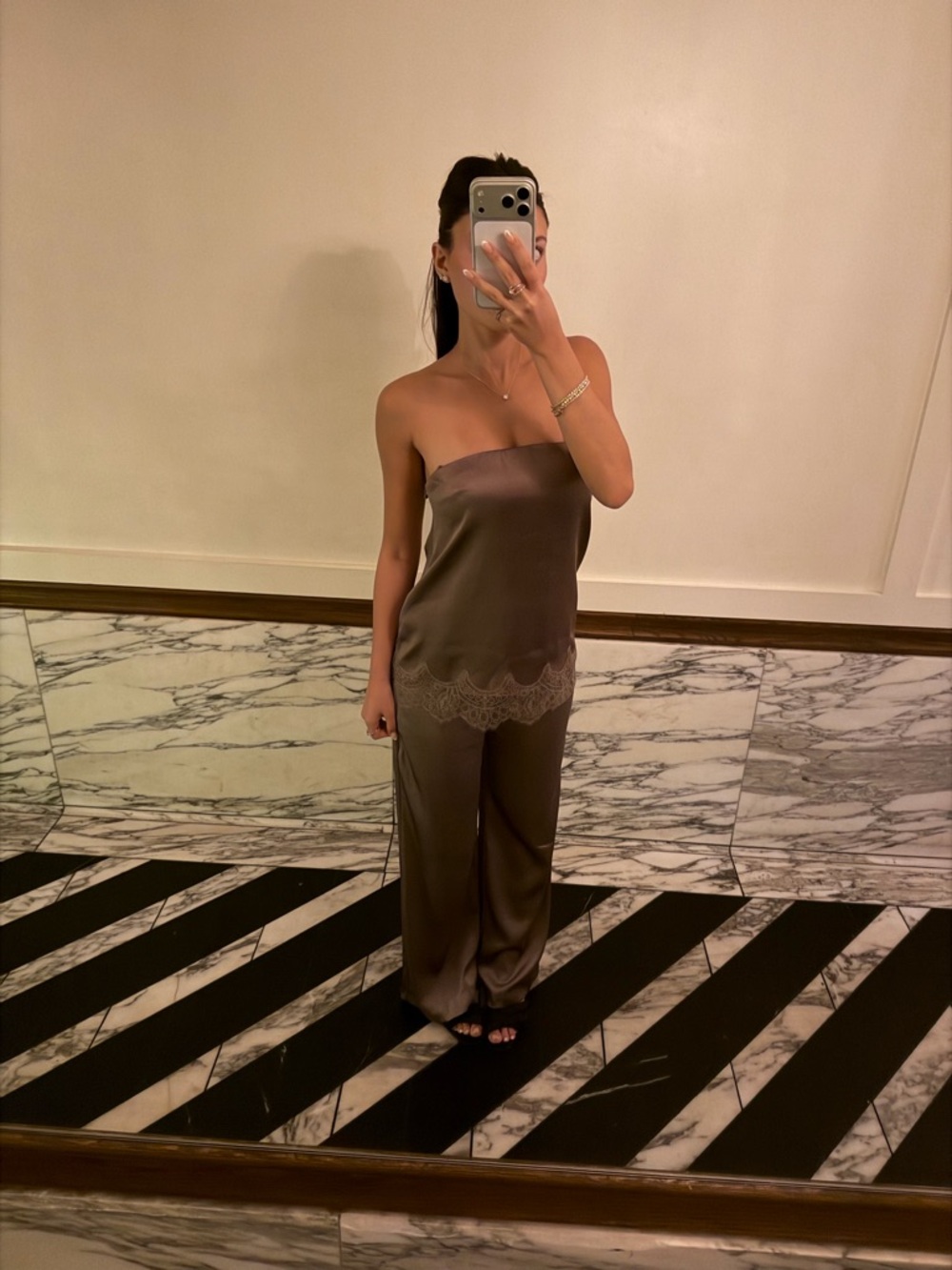 Zara Brown Satin Strapless Lace-Trim Cami top